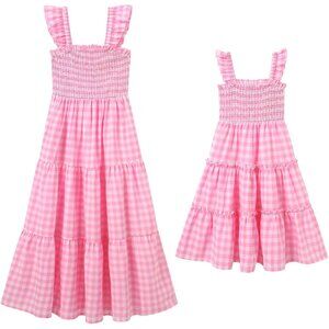 Mommy and Me Plaid Midi Dress Summer Square Neck Ruffle Flowy Beach Outfit